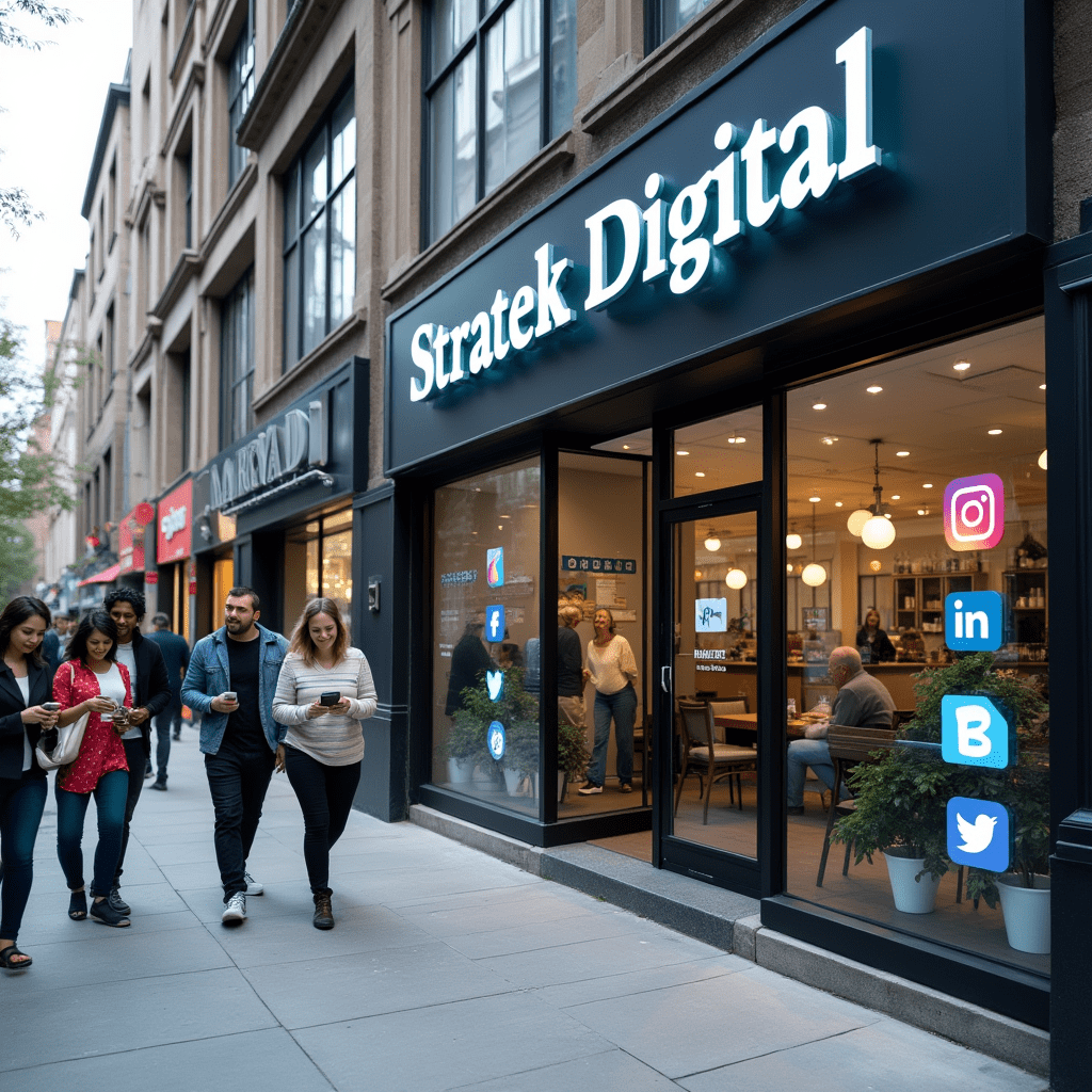 Devanture de Stratek Digital, agence de marketing digital spécialisée en réseaux sociaux, avec des passants utilisant leur téléphone.

